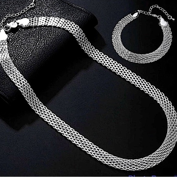 Sterling Silver Mesh Lattice 10mm Trendy Necklace Bracelet Set - Picture 1 of 6